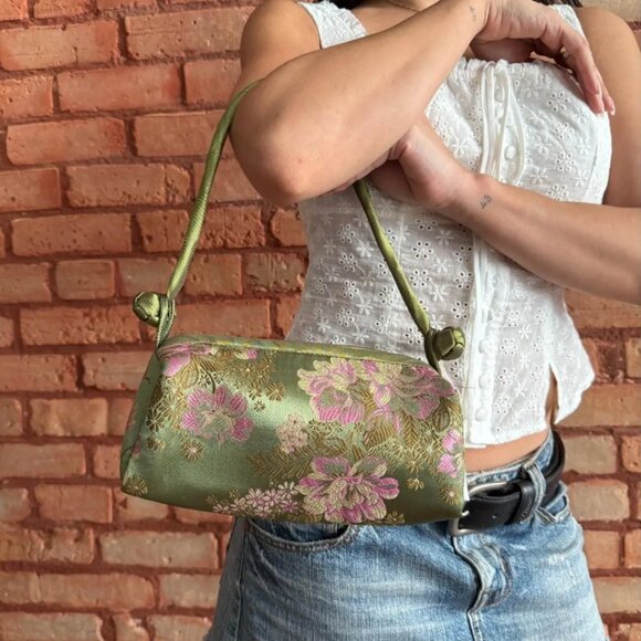 Handbags - Y2K Floral Satin Shoulder Bag Pink Green Cottagecore Mini Purse